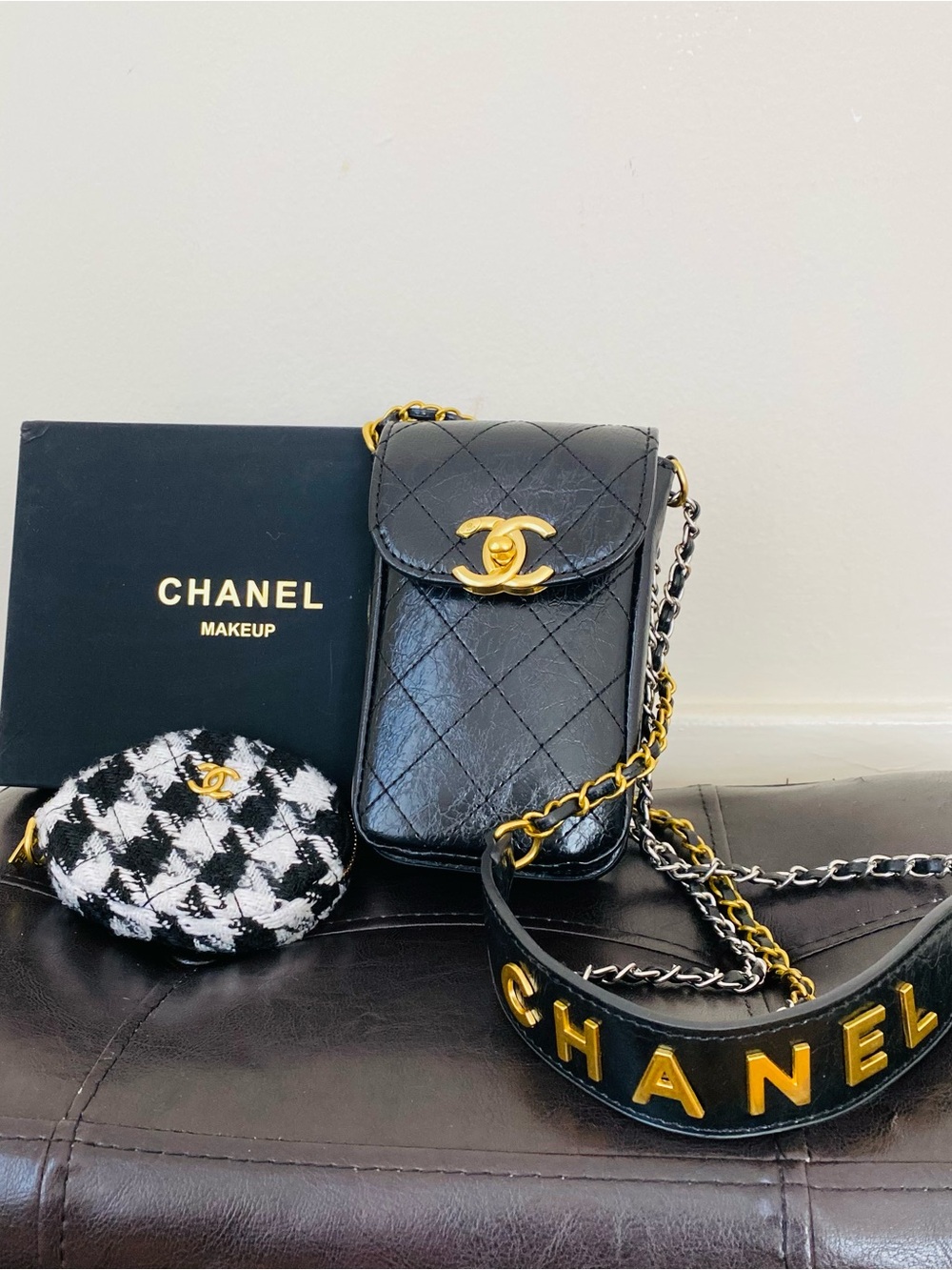 Brand New Chanel Makeup Trio Set Black Shoulder Bag with Tweed Coin Pouch